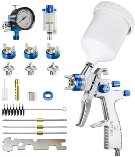 GATTLELIC LVLP Pistolet pulvérisateur à air de qualité supérieure avec buse de 1,3/1,5/1,7 mm et régulateur d'air, pistolet à peinture automobile, pistolet à peinture pour voiture et maison