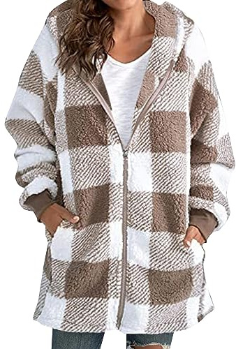 AMDOLE Übergroße Sherpa-Jacke für Damen, flauschige Fleece-Jacke, Reißverschluss, Oberbekleidung, Pullover mit Kapuze