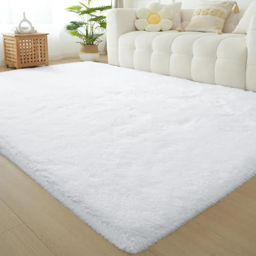 HOKXUAN Shaggy Hochflor Teppich Läufer Flur 100 x 230 cm Anti-Rutsch Unterseite, Soft Plüsch Shaggy Weich Fellimitat Modernes Einfarbiges Design für Küche, Schlafzimmer, Weiß