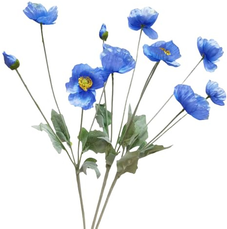 3Pieces Blue Poppies Flowers Artificial,23Ranunculus Artificial Flowers,Silk Flowers with Stems,Faux Flower Stems for Wedding,Party,Garden Outdoor Indoor Decor Flower Arrangements for Table (Blue)