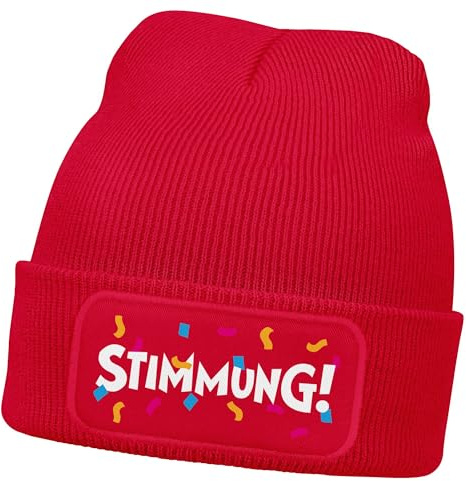 MoonWorks® Damen Beanie mit Patch Strickmütze mit Spruch Stimmung Karneval Fasching Party Outfit Aufdruck Lustig Damenmütze Rot Unisize