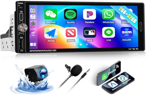 OiLiehu 2+32G Android 13 Radio 1 DIN CarPlay inalámbrico Android Auto Pantalla IPS 6,9 Autoradio con GPS/WiFi/Bluetooth/Mirror Link/FM RDS/SWC/EQ/Camara Marcha Atras