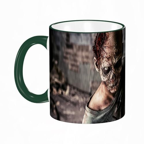 HWFOI Copa de cerámica interesante 11OZ tazas 330 ml - Regalo original y divertido Exquisita taza de impresión,Primer plano de un zombi aterrador sobre un fondo oscuro con maquillaje de,Verde oscuro