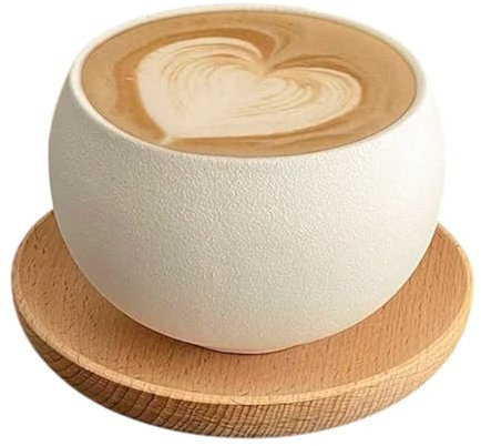 Tasse à café moderne en céramique avec dessous de verre en bois, finition blanche mate, grande capacité
