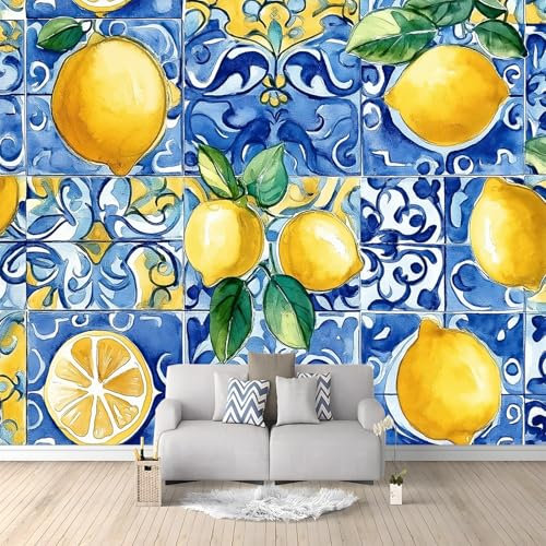 Aquarell-Illustration Zitrone Blumen Art Fototapete 400 x 280 cm Blau Tapete Fototapeten Vlies Tapeten, Vliestapete Wandtapete Moderne Wand Schlafzimmer Wohnzimmer Wand Tapete