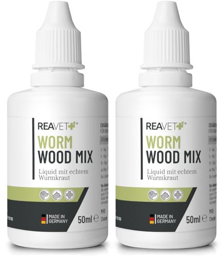 ReaVET Wurm-Kraut Liquid Tropfen flüssig 2 x 50 ml, Wurmkur sekundierend für alle Haustiere, Hund, Katze, natürliche Rezeptur, Wurmmittel sekundierend, kein Anthelminthikum