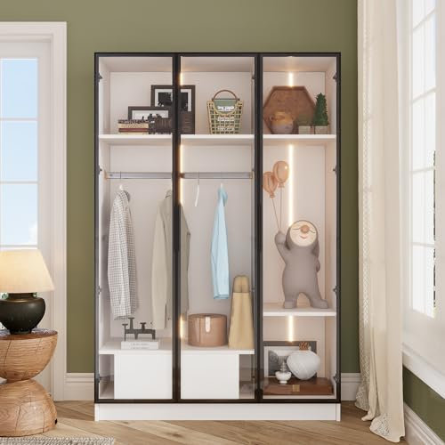 GigaXynium Geräumiger weißer Kleiderschrank mit 3 Glastüren, 1 Schublade und 1 Kleiderstange, mit Licht, 110X50X160 cm