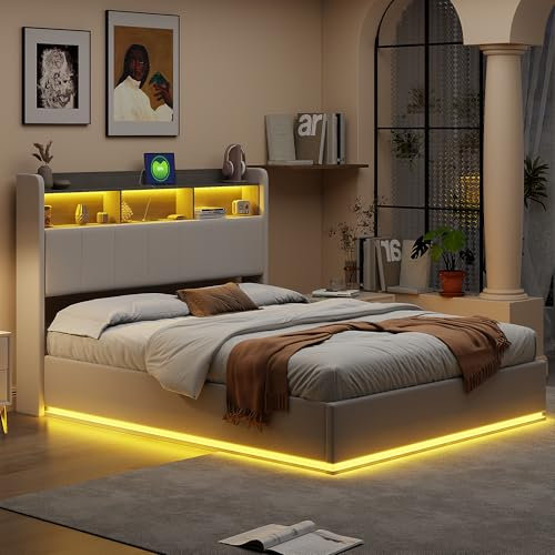 LIVLUX Lit Coffre 160 x 200 cm,avec Éclairage LED et Port USB,Lit Double Rembourré avec Rangement et Tete de lit,pour Adultes et Adolescents,Velours (Beige B, 160 x 200 cm)