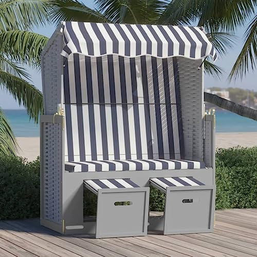 HUAKEHOM Strandkorb mit Dach Gartenliege Volllieger Sonnenliege Sonneninsel Strandliege Zweisitzer Liege Strand Poly Rattan und Massivholz Blau & Weiß
