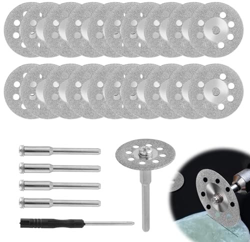 Mini Diamond Cutting Wheel Disc 20pcs 22mm Mini Cut Off Discs Piece With 4pcs 3mm Mandrel 1pc Screwdriver for Dremel Round Rotary Cutter Blades Tool for Rock Slab Glass Gem Stone Carving