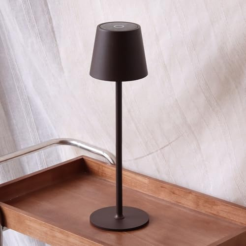 DILUMEN Tischlampe dimmbar kabellos,Akku Tischleuchte Metall,Dunkelbraun | 5200mAh Wiederaufladbar USB-C, Touch Control Nachttischlampe, IP54 Wasserdichte für Innen und Außen, Terrassen, Restaurants