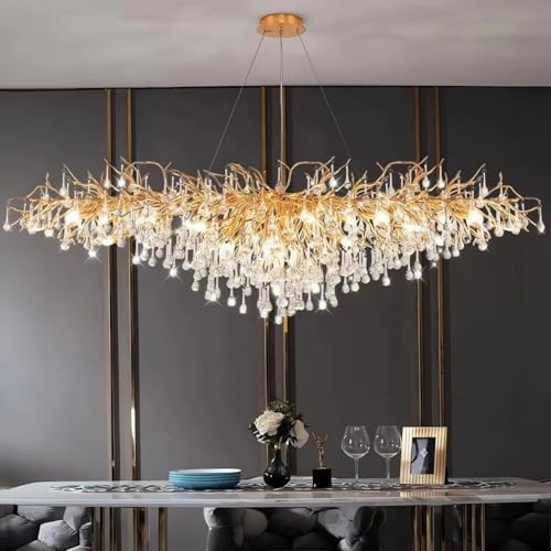 Leomix Baumzweig-Kronleuchter Gold, Luxuriöser Rechteckiger Kristall-Regentropfen-Pendelleuchter mit 12 Lampen, Hängeleuchte für Kücheninsel, Wohnzimmer, Esszimmer, Foyer & Eingangsbereich, L120 cm