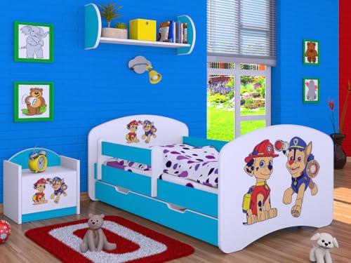 BDW - Kinderbett 140x70cm - Kinderbett mit Rausfallschutz, Matratze, Lattenrost und Schublade - Bett für Mädchen, Jungen - mit Stauraum - Bett Blau mit Motiv Superhund