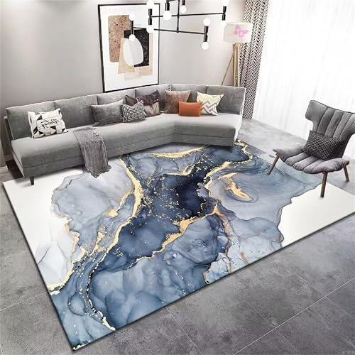 YJDRUG Moderner Blau-Weiß-Gold Marmor Teppich 160x200cm - Abstract Flauschteppich mit Rutschstopper - Leicht zu Reinigen für Wohn-/Schlafzimmer
