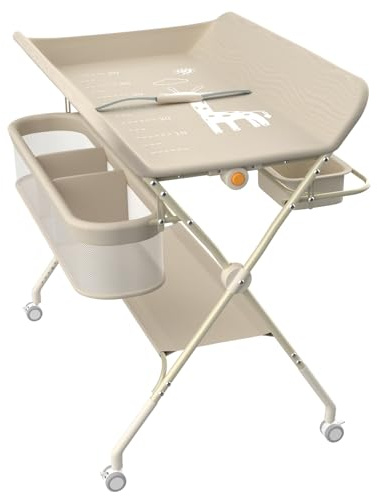 homewell Baby Wickelkommode Klappbarm, Tragbare Wickelunterlage, Baby Wickelkombi, 5 Stufen verstellbare Höhen, Baby Badewanne & Wickelkommode, 80 * 73*(86-94) cm (Beige)