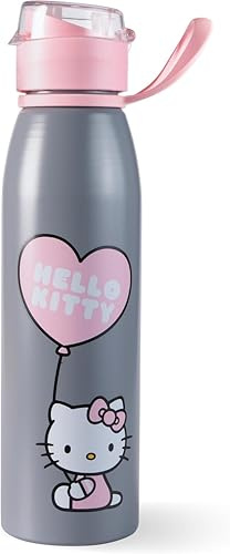 p:os Trinkflasche Edelstahl Kinder Hello Kitty 590 ml – doppelwandig isoliert, auslaufsicher und kohlensäuregeeignet, Grau-rosa – Isolierflasche für Schule, Sport und Freizeit