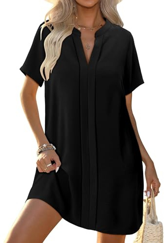 KISSMODA Womens V Neck Dresses Ladies Casual Shift Dress Summer Short Sleeve Flowy Trendy Shirt Dresses
