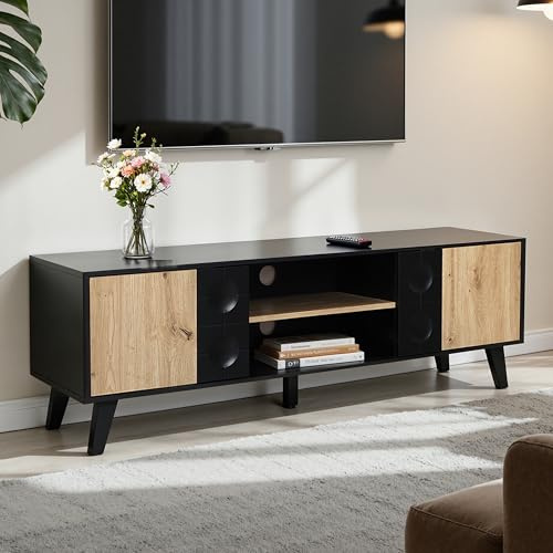 Hometopia TV-Lowboard 140 cm, Schwarz mit Türen in Holzoptik | Modernes TV-Board mit 2 Push-to-open-Türen, 2 offenen Fächern, Kabeldurchlässen und Beinen aus Kiefernholz