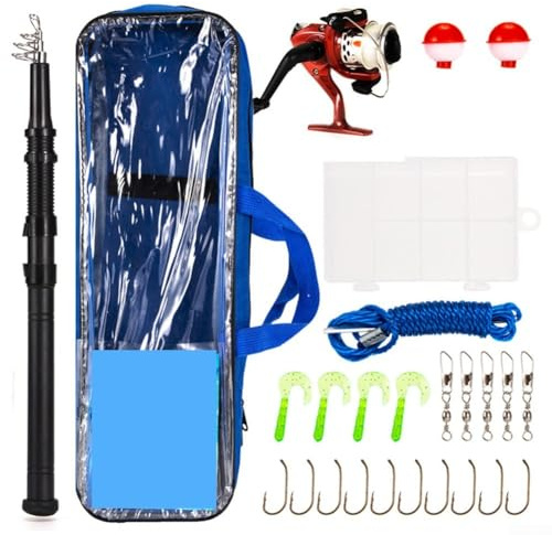 ZWEquipint Angelrute und Rolle Set 2,1m Teleskopstange mit 2000er Serie Rad 26-teiliges komplettes Tackle Kit für Anfänger Meer Süßwasser