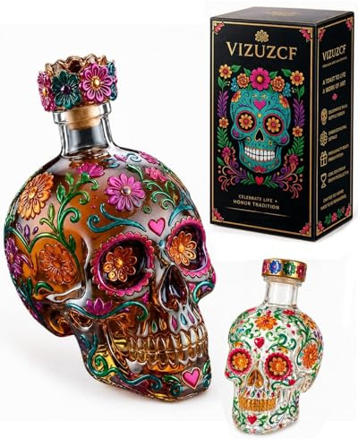 Gothic Skull Decanter Bottle, Painted Glass Skull Decanter with Floral Design, Decorative Decanter for Bar Decor, Halloween Party, Day of The Dead Display (25cm)