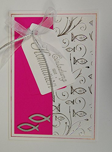 Kartenkunst 8 x Hochwertige Einladungskarten zur Kommunion Fische - Pink *Handmade*