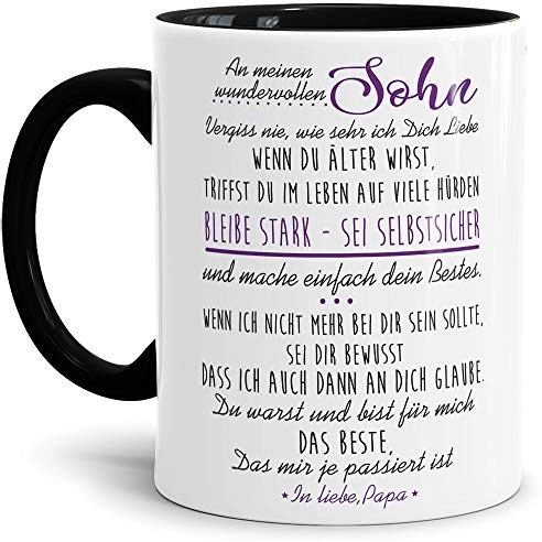 Tasse mit Spruch von dem Vater für den Sohn - Kaffeetasse/Familie/Geschenk-Idee/Mug/Cup/Innen & Henkel Schwarz