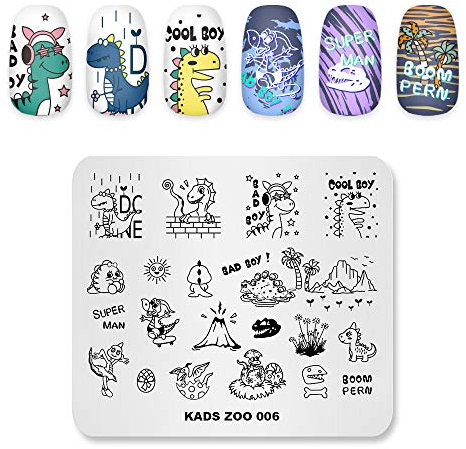 KADS Süßer Dinosaurier Nagelstempel Schablonen，Professonale Nagel Stamping Platte Für Kreative Maniküre，Tiere Thema Nagel Schblonen Platte Für DIY Nagel Kunst (ZOO006)