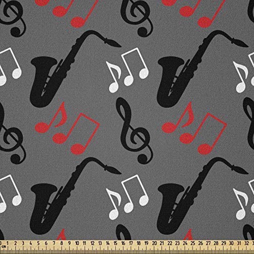 ABAKUHAUS Jazz Musik Stoff als Meterware, Hinweise Clef Saxophon, Microfaser Stoff für Kunsthandwerke und Dekoration, 5M (230x500cm), Schwarz Grau Rot