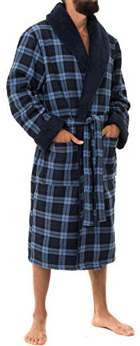John Christian Vestaglia Uomo in Caldo Pile e Cotone, Motivo a Quadri Blu (XL)