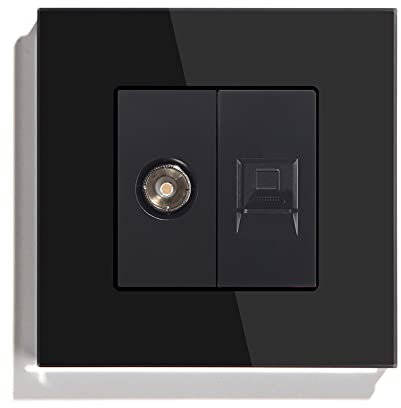BSEED 1/2 TV Aerial Coaxial and RJ45 Cat5e Ethernet Wall Socket Crystal Panel Screwless Outlets Black