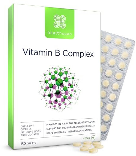 Healthspan Vitamin B Complex (6 Months' Supply) | High Levels of 8 B-Complex Vitamins | Heart Health, Mental Performance & Psychological Function | Combat Tiredness & Fatigue | Gelatin Free | Vegan