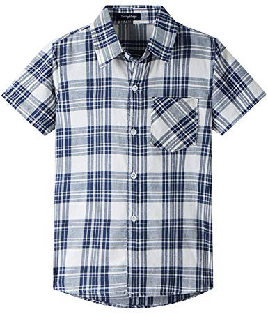 Spring&Gege Jungen Kurzarm Karo Hemd, Plaid Knopf Unten Hemd für Kinder, Marineblau, 5-6 Jahre
