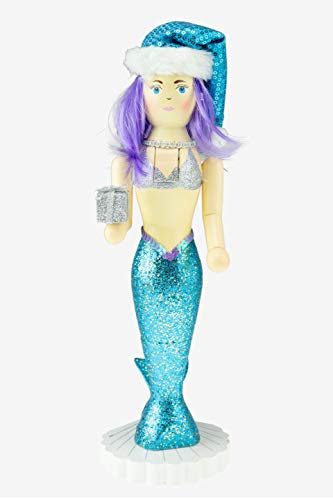Clever Creations Traditioneller hölzerner Nussknacker in Form einer blauen Meerjungfrau, festliches Weihnachtsdekor, 35,6 cm hoch, perfekt für Regale und Tische, 100% Holz