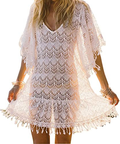 LATH.PIN Strandkleid Damen Sommer Spitze Gestrickte Strandponcho Kurz V-Ausschnitt Langarm Badeanzug Bikini Cover Up Sexy für Urlaub Strand