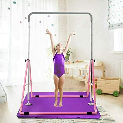 Barre de gymnastique pour enfants - Pour la maison, la gym - Réglable horizontalement - Rose - Pour le fitness, l'extérieur et l'intérieur
