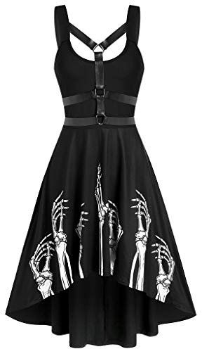 JINGYUA Kleider Gothic Schwarz Mit Totenkopf Pfotenabdruck Kleider Damen Sexy Knielang Cocktailkleid Kleid Abendkleid Cosplay Partykleid Spitze Steampunk Rockabilly Kreuz Kleid