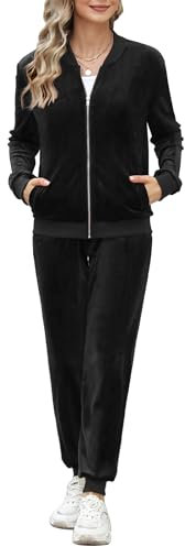 Irevial Completo Sportivo Donna Velluto Tuta Ginnastica Due Pezzi Pigiama Casual Giacca Cerniera e Pantaloni Casa Jogging Nero L
