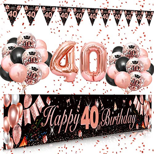 40th Birthday Decorations for Women, SWPEED 40th Birthday Decoration Kit with Rose Gold Happy 40th Birthday Banner, Black Rose Gold Balloons Confetti Balloons, Number 40 Balloon Triangle Flag Banner
