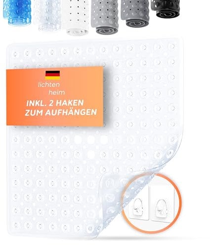 LICHTENHEIM Duschmatte rutschfest Sensitiv 53x53 cm - INKL 2 Haken - Badewannenmatte rutschfest - Antirutschmatte Badewanne BPA frei - Badematte schimmelresistent & waschbar (Durchsichtig)