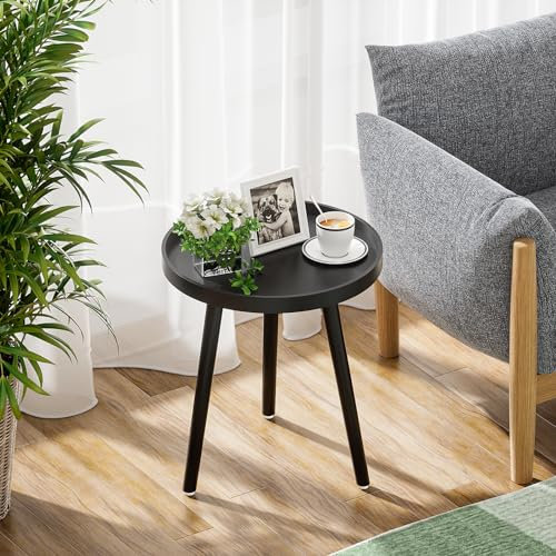 APICIZON Black Side Table, Modern Bedside Table Nightstand for Bedroom, Living room, Coffee Tray End Table for Small Space, with Wooden Legs, 38 x 45 cm