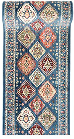 Mazovia Teppich Läufer Flur - Orientalisch Teppichläufer - Kurzflor Flurläufer für Vorzimmer, Schlafzimmer, Küche - ÖKO-TEX Zertifiziert - Meterware - Blau - 100 x 200 cm