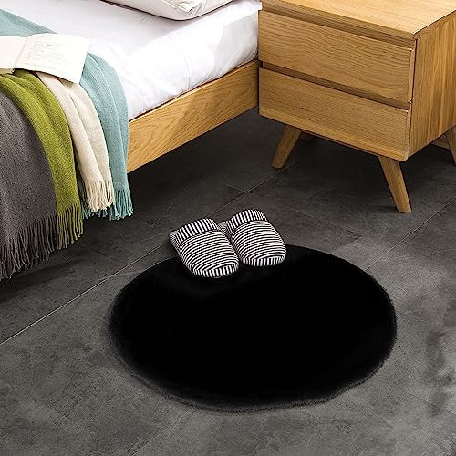 Teppich Wölkchen Fell Rund, Fellteppich Rund, Kunstfell Teppich Waschbar, Hasenfell, Kaninchenfell - Flauschiger Teppich Wohnzimmer, Bettvorleger Schlafzimmer - Schwarz - Rund 60cm