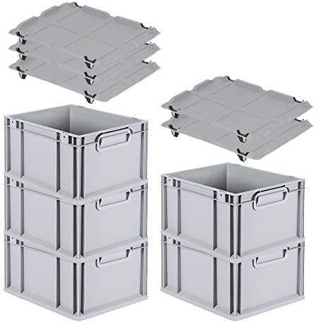 PROREGAL SparSet 5x Eurobox NextGen Grip mit Auflagedeckel & 4 schwarzen Schiebeschnappverschlüssen, HxBxT 22x30x40cm, 20 L, Grau, Griffe geschlossen, Eurobehälter, Transportbox