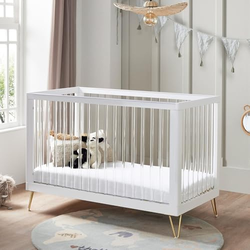Babymore Kimi Acrylic Baby Cot Bed - Convertible Toddler Bed Up to 4 Years, Hairpin Metal Legs with 3 Adjustable Mattress Base Positions, Teething Rail, Modern Acrylic Spindles (Without Mattress)
