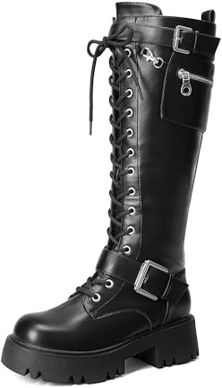 DREAM PAIRS Women's Combat Riding Platform Knee High Boots, Lace Up Fall Lug Sole Gothic Motorcycle Boots with Inside Zipper,Size 8.5,Black,SDKB2304W