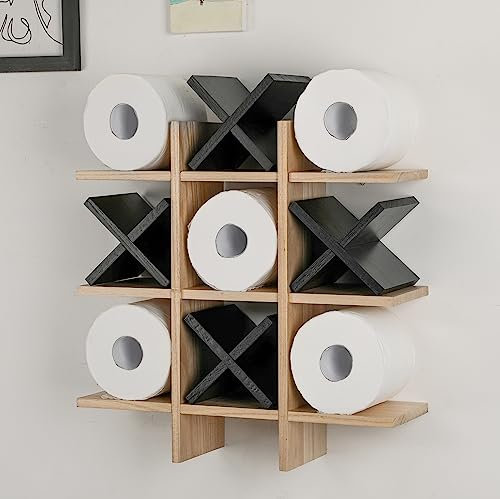 Weysat Tic Tac Toe Toilettenpapierhalter, Ständer, Toilettenpapier-Aufbewahrung, Badezimmer-Dekor, rustikale Holzaufbewahrung, freistehend, wandmontierte Regale, Dekoration für Toilettenpapier,