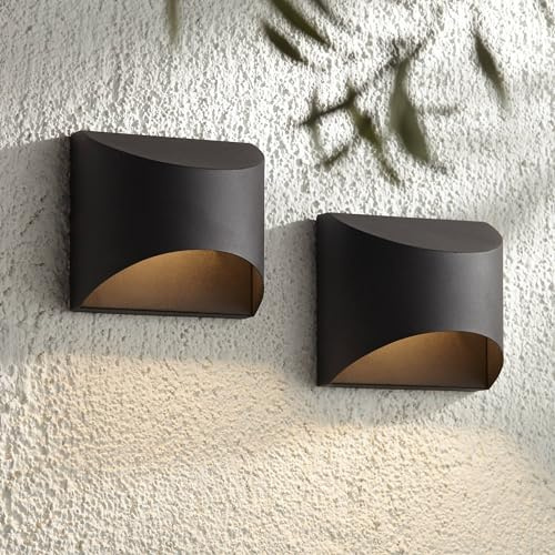 Possini Euro Design Ratner Modern Outdoor Wall Light Fixtures Set of 2 Textured Black Metal LED Dark Sky Downlight 5 1/2 for Post Exterior Barn Deck House Porch Yard Patio Garage Garden Outside