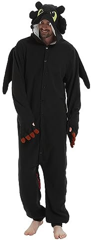 Guturris Unisex Schwarz Drache Onesie Pyjamas Tier Kostüm Schlafanzug Halloween Cosplay Jumpsuit Nachtwäsche für Erwachsene M