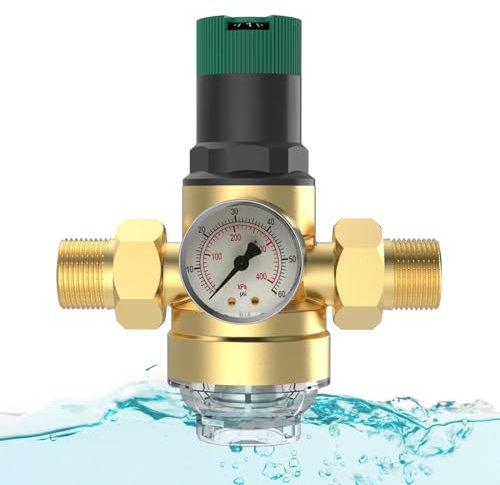 Riduttore di Pressione Acqua 3/4 Pollice, DN20 Riduttore di Pressione con Filtro a Setaccio Manometro, Riduttore di Pressione in Ottone