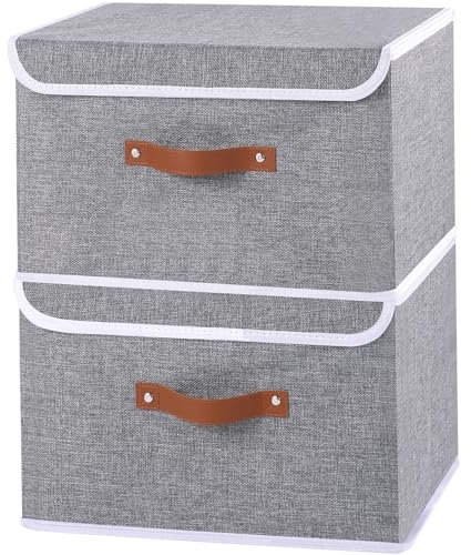 OUTBROS Clothes Storage Boxes with Lids, Foldable Wardrobe Organizer, Fabric Cube Cabinet Storage Basket with Artificial Leather Handles, 44 X 29 X 30 cm, Grey, 2-Pack